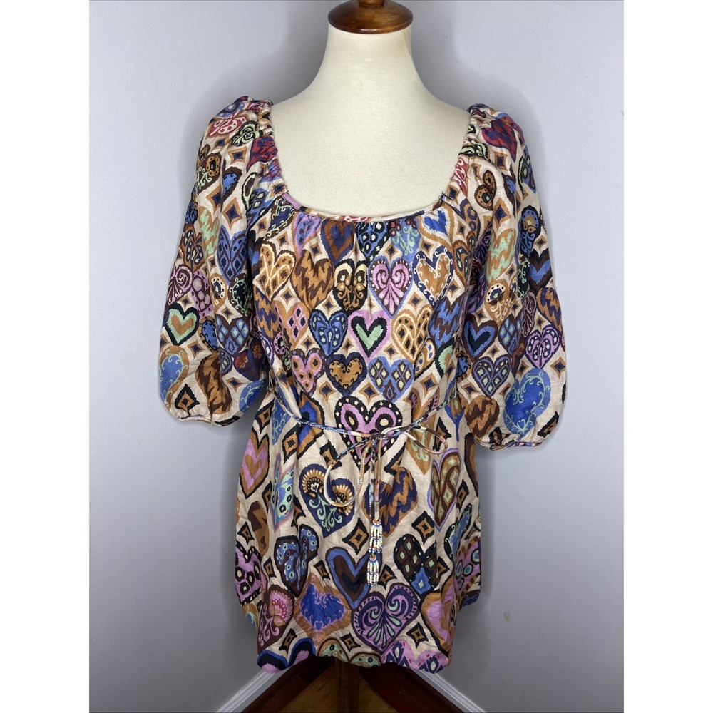 NEW FARM RIO Cream Hearts Ikat Puff Sleeve Dress Sz Small - Picture 2 of 11